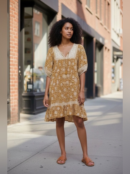 Old Navy Dresses & Skirts - Old Navy Mustard Floral Lace-Trim Mini Dress